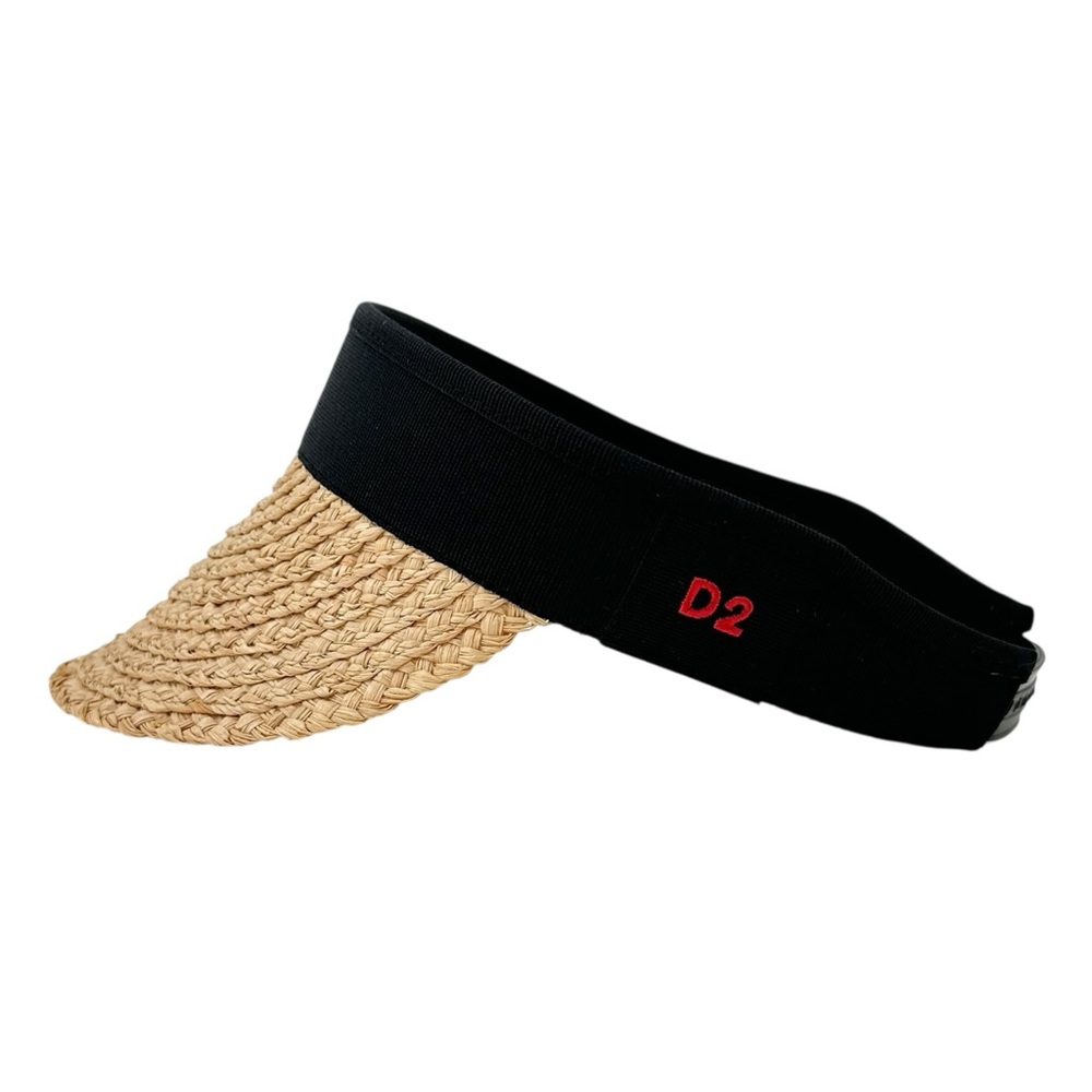 DSQUARED2 Grossgrain Trimmed Adjustable Strap Black & Beige Woven Visor Hat Cap